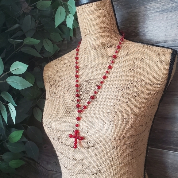 Red Beaded Rosary Prayer Beads Necklace - Picture 1 of 7